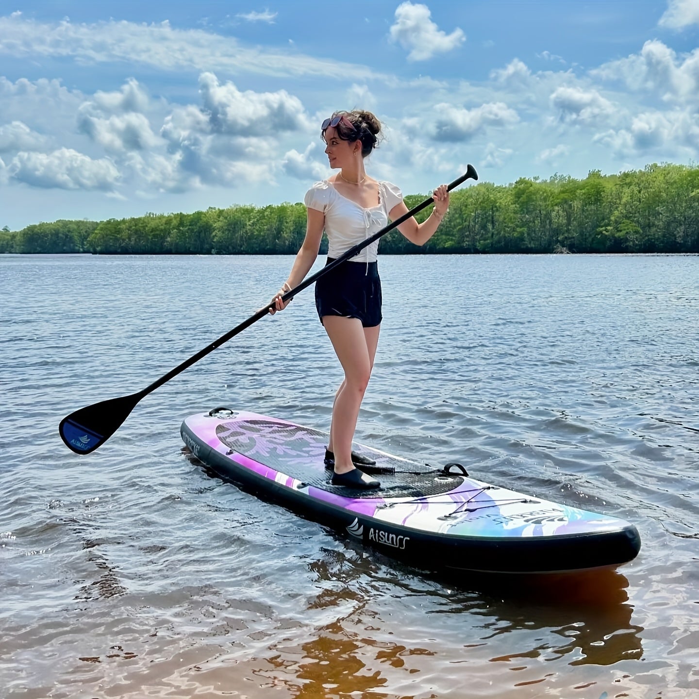 AISUNSS 10.6ft x 33in Inflatable Stand Up Paddle Board with Complete SUP Accessories - Non-Slip Deck, Leash, Paddle & Pump, Purple Swirl Design for Adults & Youth, Lakes, Rivers, Oceans, Versatile Water Sports Gear, Vibrant Pattern Board, Sturdy Construct