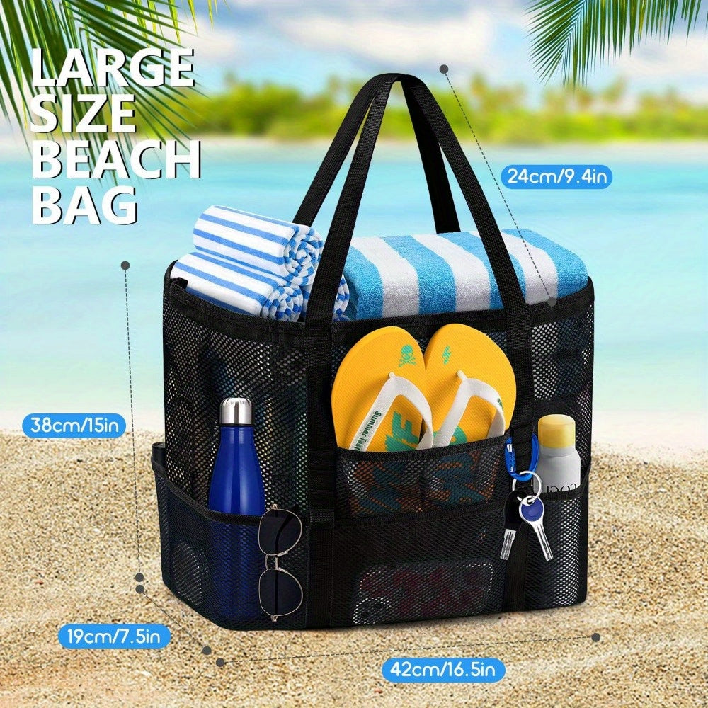 1pc Extra-Large Large Mesh Beach Tote Bag - Foldable & Portable for Pool, Boat Trips, Toys & Vacation Essentials, Lightweight Swim Bag with Zipper and Extra Pockets for Pool, Boat, and Vacation Essentials, Black, Beach Vacation Bag | Organized Stora