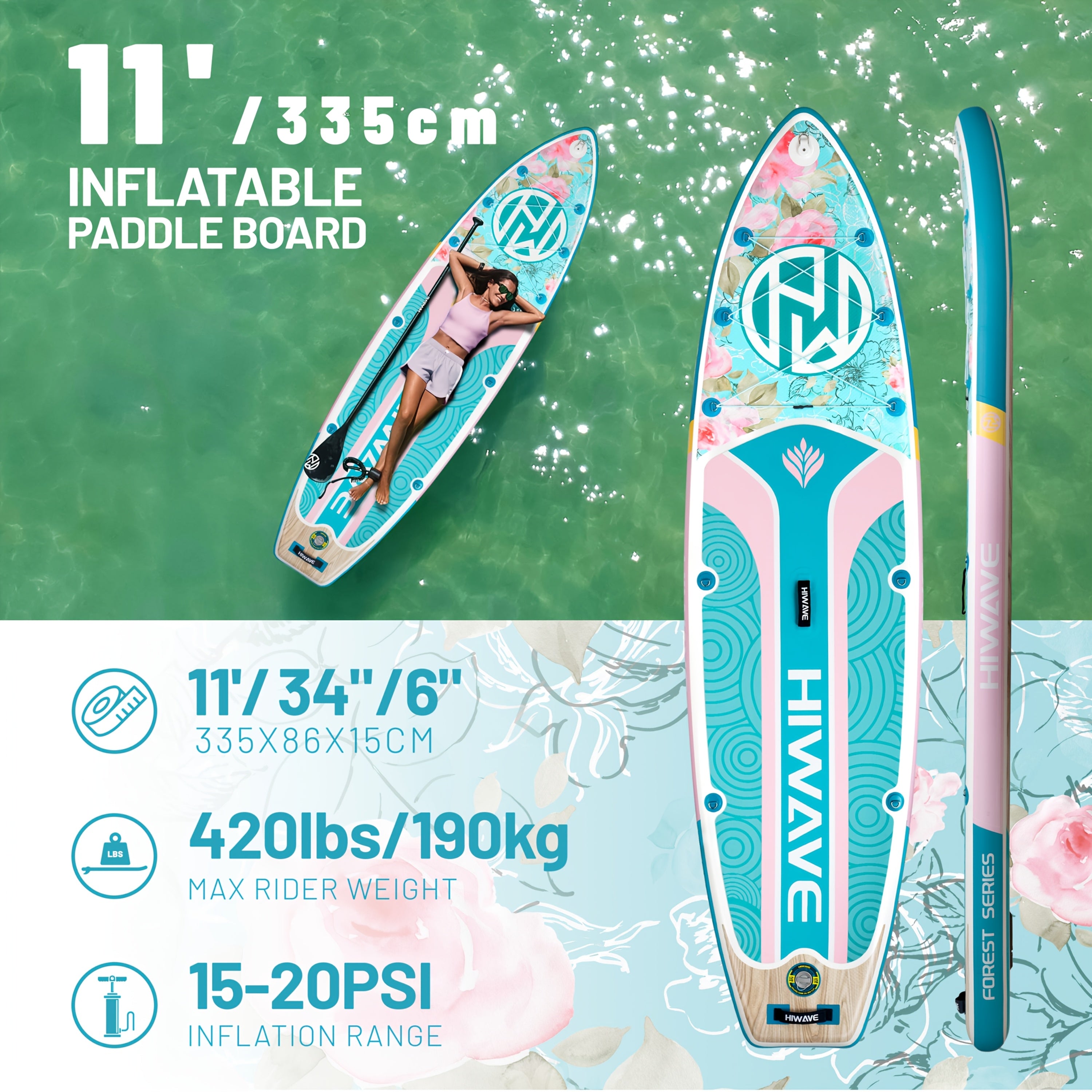 HIWAVE Inflatable SUP Paddle Board - 11ft X 34in Extra Wide, 6in Thick, 420LBS Capacity, Stable for Adults & Family, All-Water Use (Sea\u002FLake),