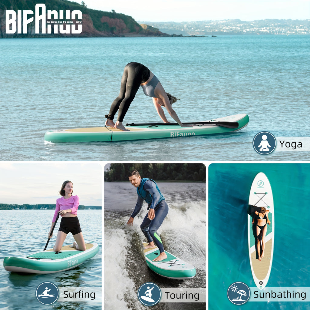 Inflatable Stand Up Paddle Board with SUP Accessories & Backpack - Non-Slip Deck, Wide Stance, Bottom Fin, Double Action Pump & Repair Kit - Youth & Adult Standing Boat for Lakes, Rivers, Oceans, Paddle Board for Adults, Outdoor Water Sports, Vibrant Desi