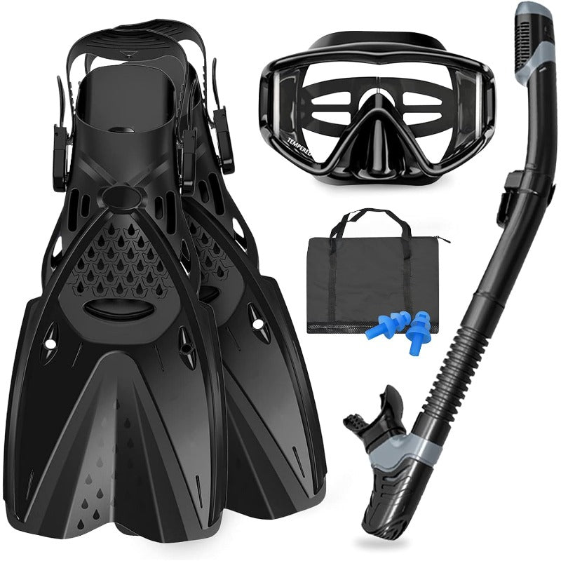 Mask Fins Snorkeling Gear for Adults Men Women Swim Goggles 185° Panoramic View Diving Mask AntiFog AntiLeakandDry Top Snorkel and Dive Flippers with Gear Bag for Snorkeling Swimming