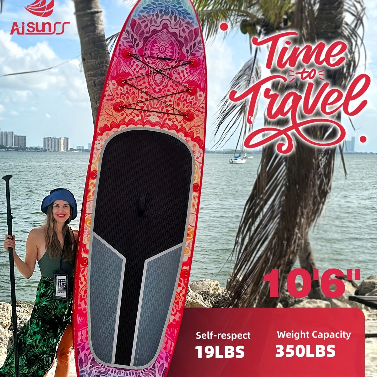 AISUNSS SUP Board 10.6Ft All Around Board Premium ISUP, Yoga Board With Durable SUP Accessories Include Non-Slip Mat, Safety Leash, Waterproof Phone Bag, Double Action Pump, Adjustable