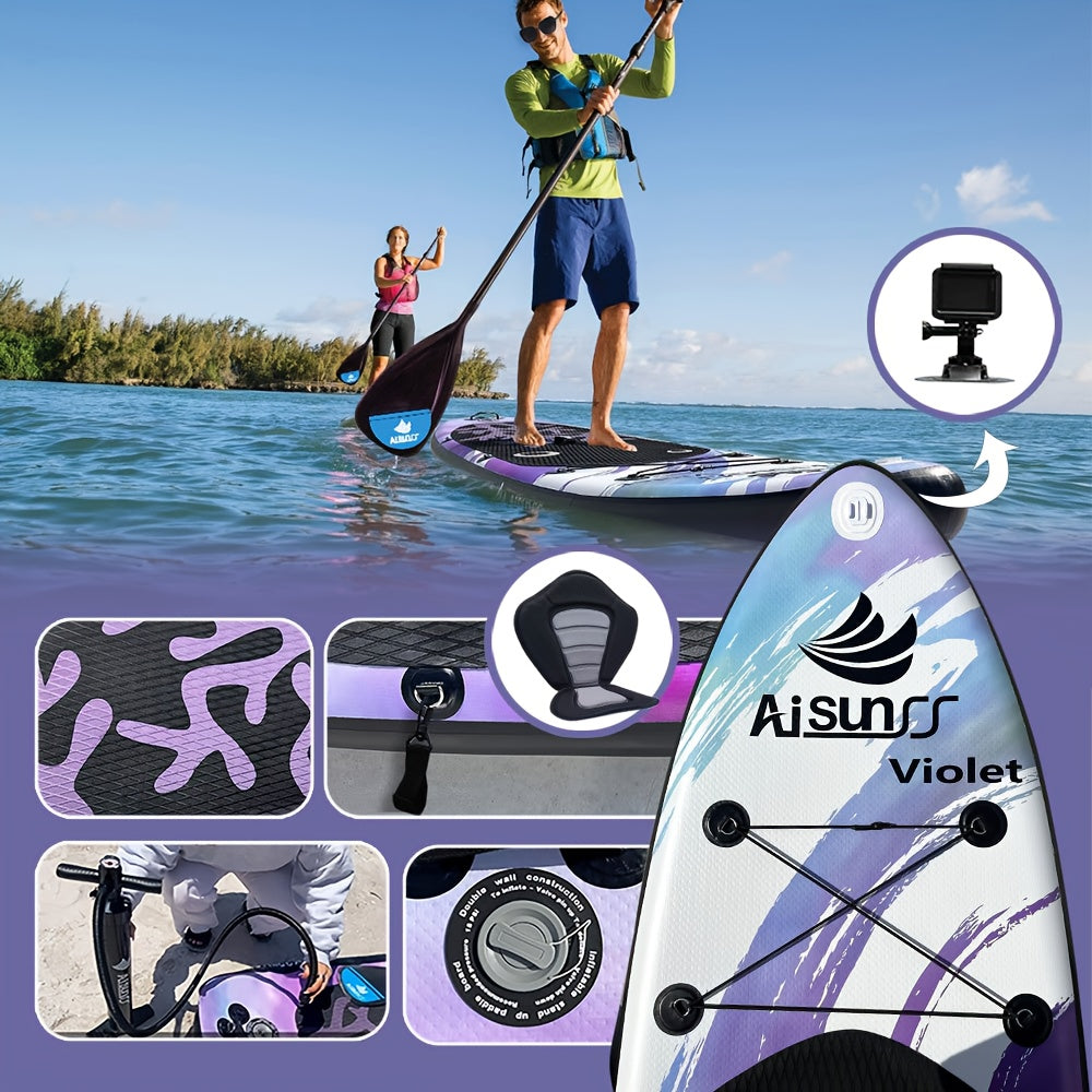 AISUNSS Inflatable Paddle Board for Adults - Wide SUP Board with Primium Accessories, Purple & Blue Design, Includes Carry Bag, Hand Pump, 2.64gal Water Bag, Adjustable Paddle, Perfect for All Skill Levels, All Skill Level Board|Vibrant Design Board|Durab