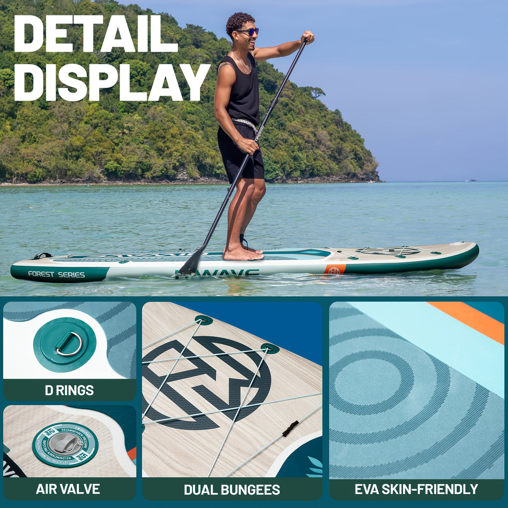 Wood Grain Color Inflatable Stand Up Paddle Board, 11ft 34in 6in, Paddle Board Load Capacity 420lbs, Pet Friendly for Ocean and Lake Use with Dual Action Manual Pump