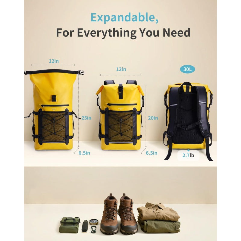 Waterproof Backpack for Women Men 30L RollTop Closure Heavy Duty Dry Bag for Travel with IPX8 Waterproof Phone Case