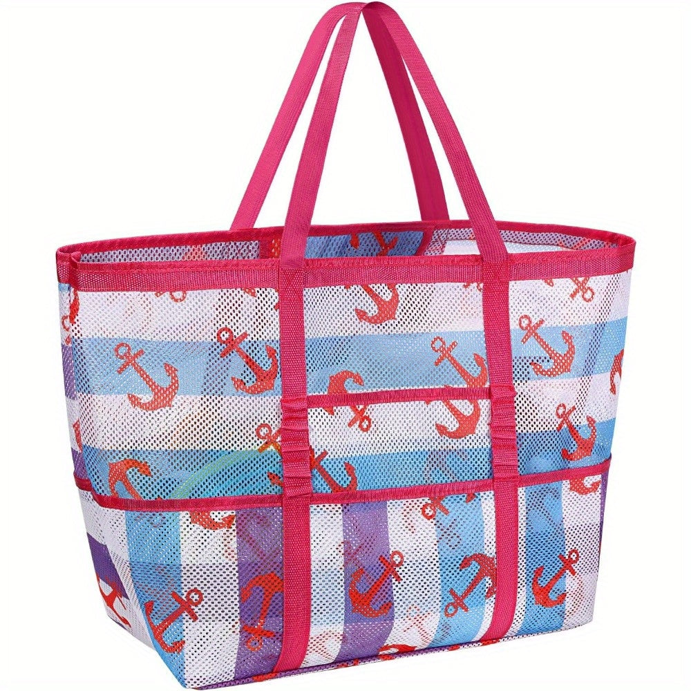 1pc Extra-Large Large Mesh Beach Tote Bag - Foldable & Portable for Pool, Boat Trips, Toys & Vacation Essentials, Lightweight Swim Bag with Zipper and Extra Pockets for Pool, Boat, and Vacation Essentials, Black, Beach Vacation Bag | Organized Stora