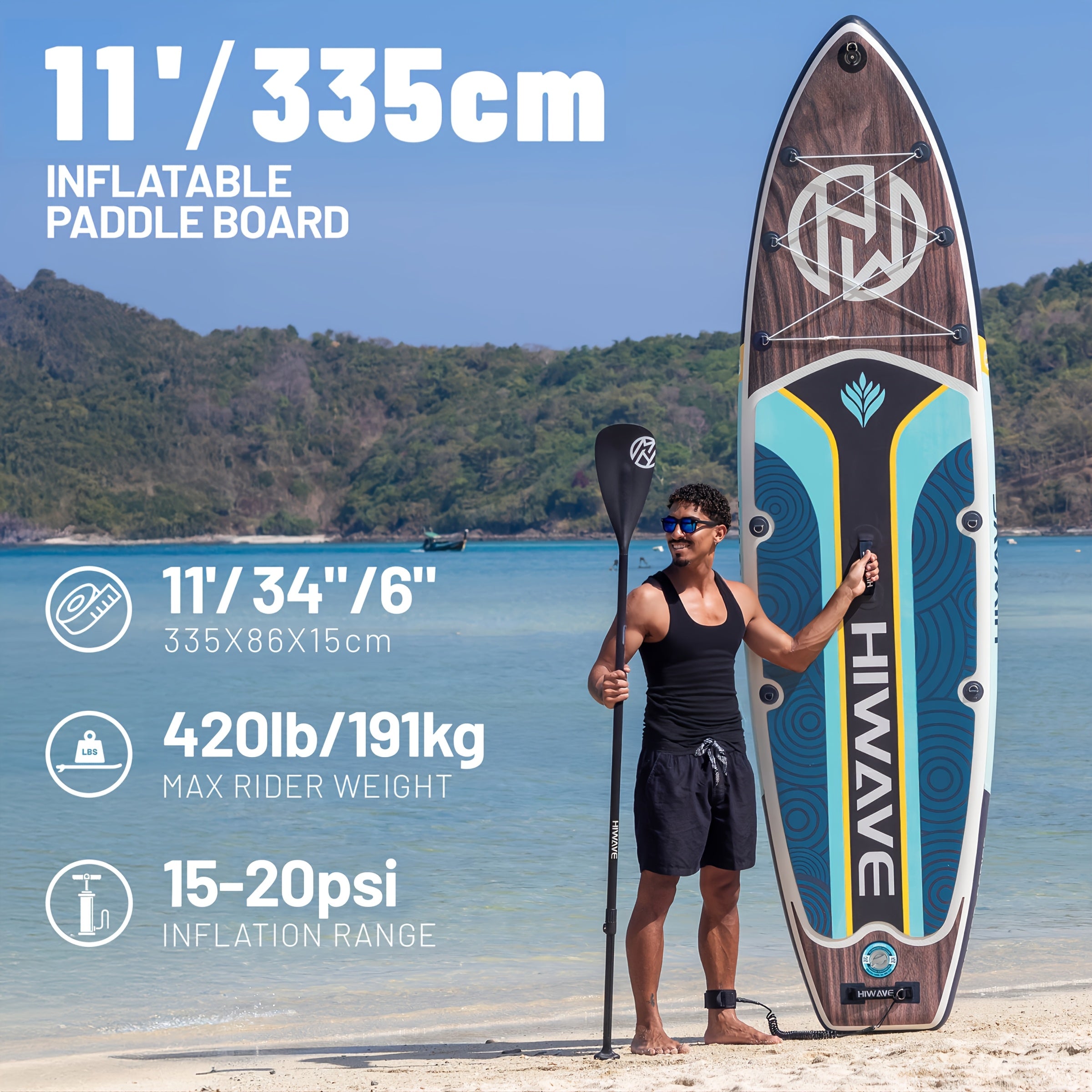 Wood Grain Color Inflatable Stand Up Paddle Board, 11ft 34in 6in, Paddle Board Load Capacity 420lbs, Pet Friendly for Ocean and Lake Use with Dual Action Manual Pump