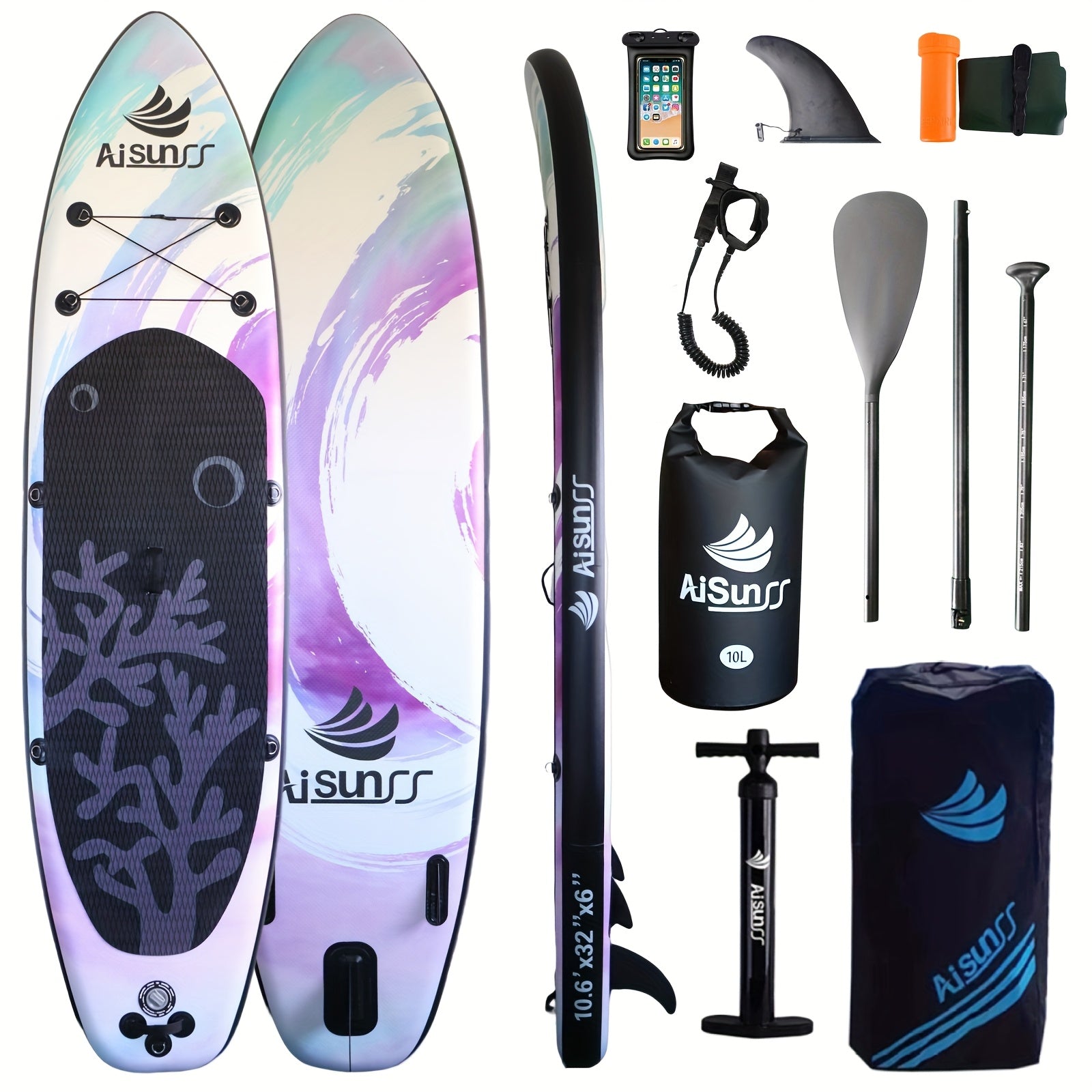 AISUNSS 10.6ft x 33in Inflatable Stand Up Paddle Board with Complete SUP Accessories - Non-Slip Deck, Leash, Paddle & Pump, Purple Swirl Design for Adults & Youth, Lakes, Rivers, Oceans, Versatile Water Sports Gear, Vibrant Pattern Board, Sturdy Construct