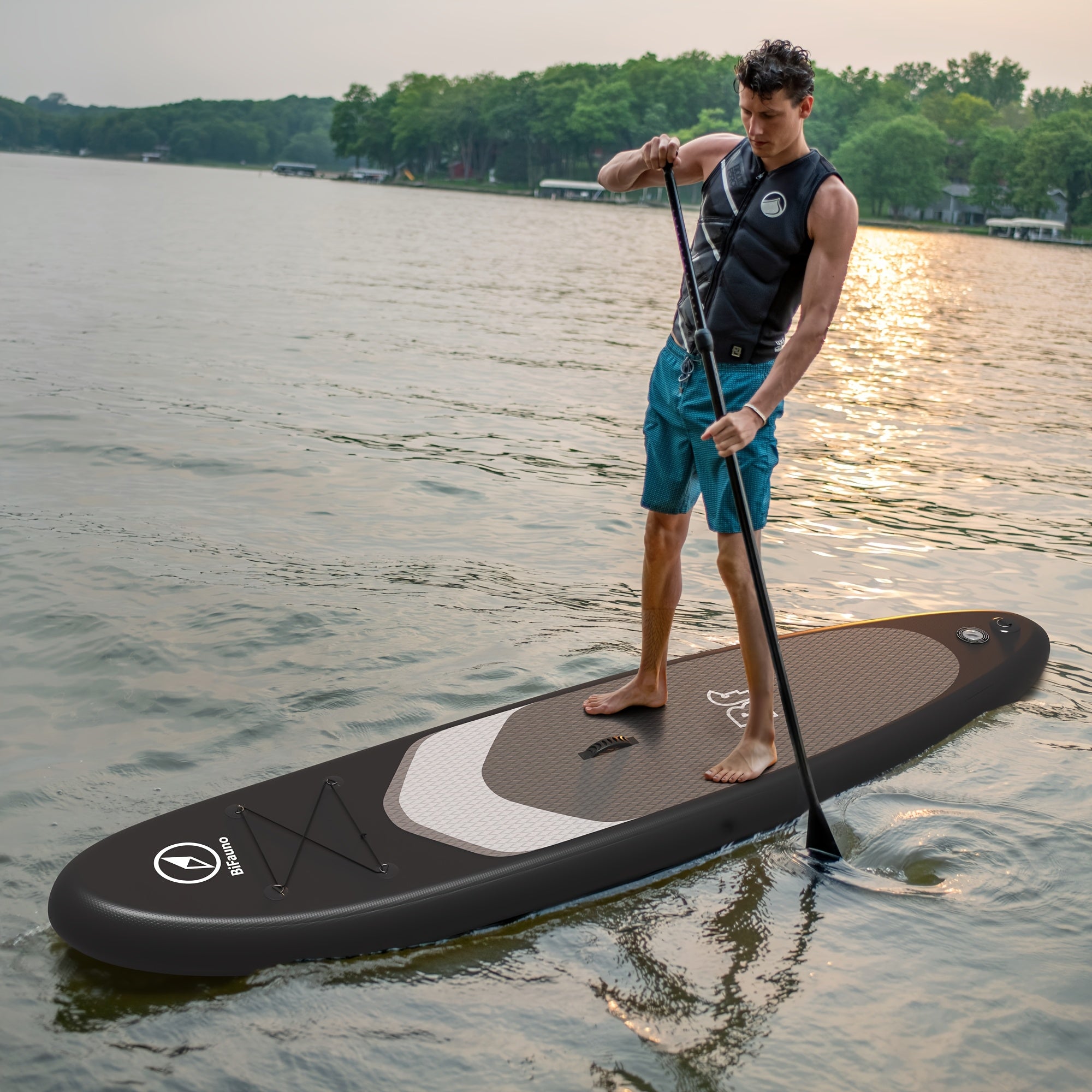 Inflatable Stand Up Paddle Board with SUP Accessories & Backpack - Non-Slip Deck, Wide Stance, Bottom Fin, Double Action Pump & Repair Kit - Youth & Adult Standing Boat for Lakes, Rivers, Oceans, Paddle Board for Adults, Outdoor Water Sports, Vibrant Desi