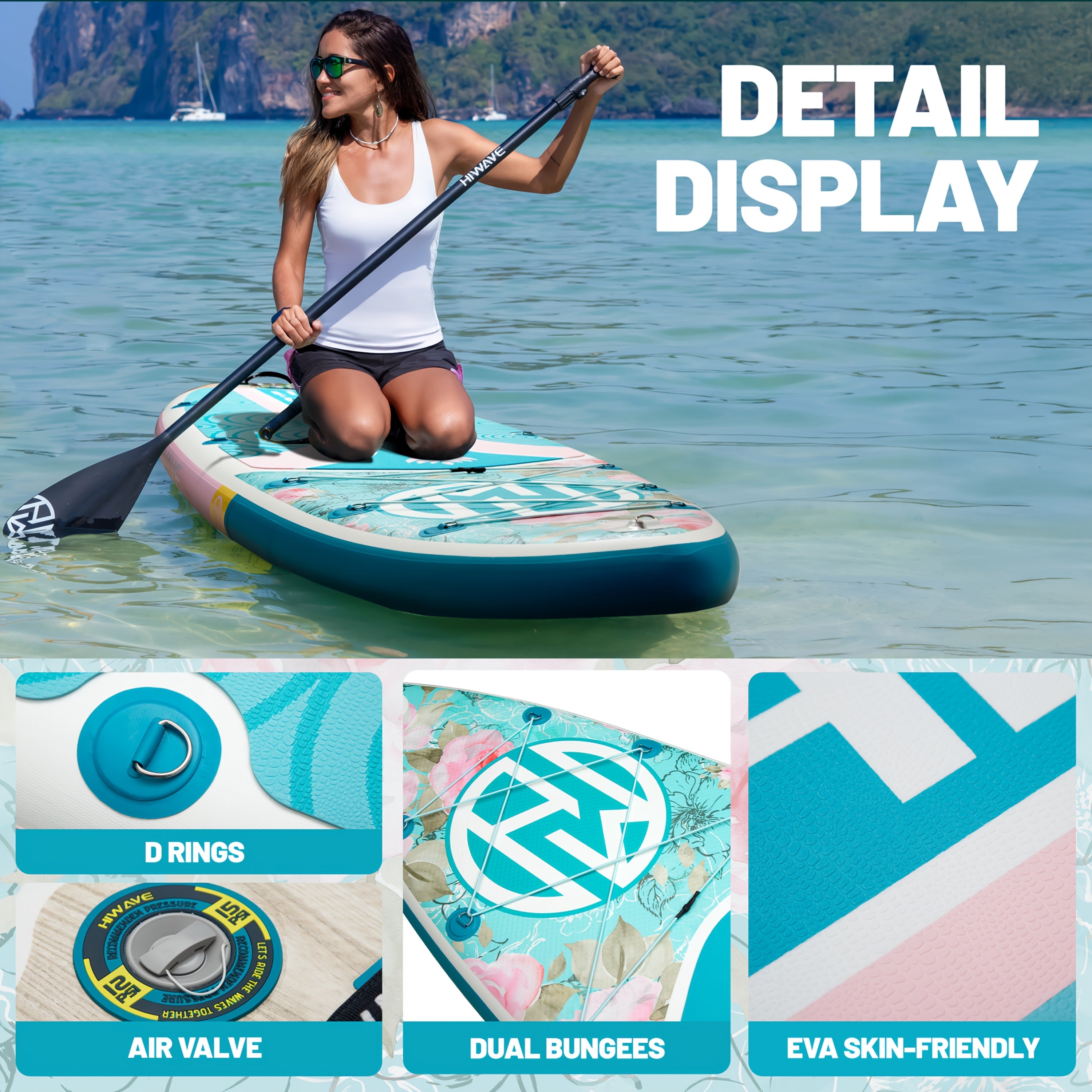 HIWAVE Inflatable SUP Paddle Board - 11ft X 34in Extra Wide, 6in Thick, 420LBS Capacity, Stable for Adults & Family, All-Water Use (Sea\u002FLake),