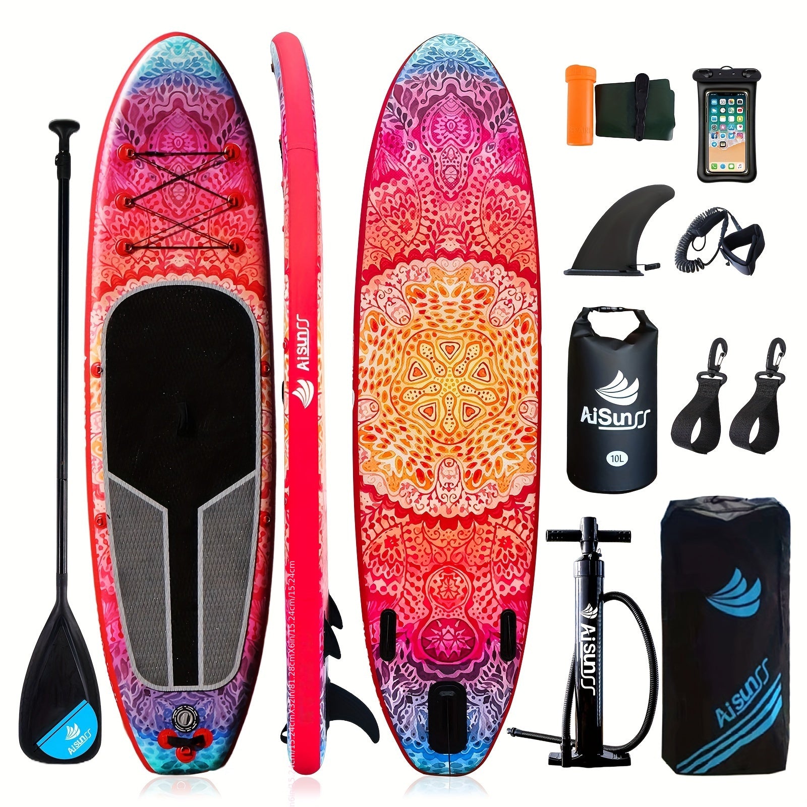 AISUNSS SUP Board 10.6Ft All Around Board Premium ISUP, Yoga Board With Durable SUP Accessories Include Non-Slip Mat, Safety Leash, Waterproof Phone Bag, Double Action Pump, Adjustable