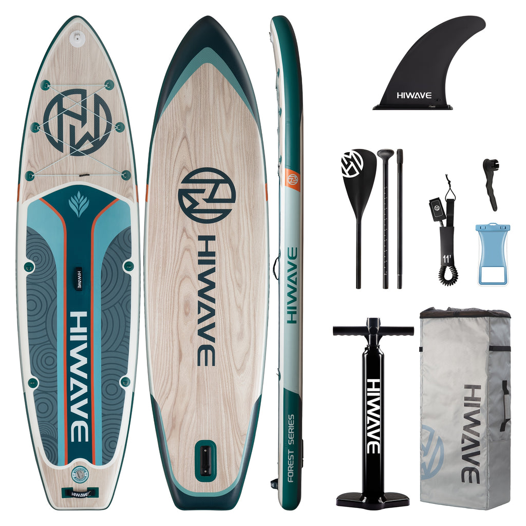 Wood Grain Color Inflatable Stand Up Paddle Board, 11ft 34in 6in, Paddle Board Load Capacity 420lbs, Pet Friendly for Ocean and Lake Use with Dual Action Manual Pump