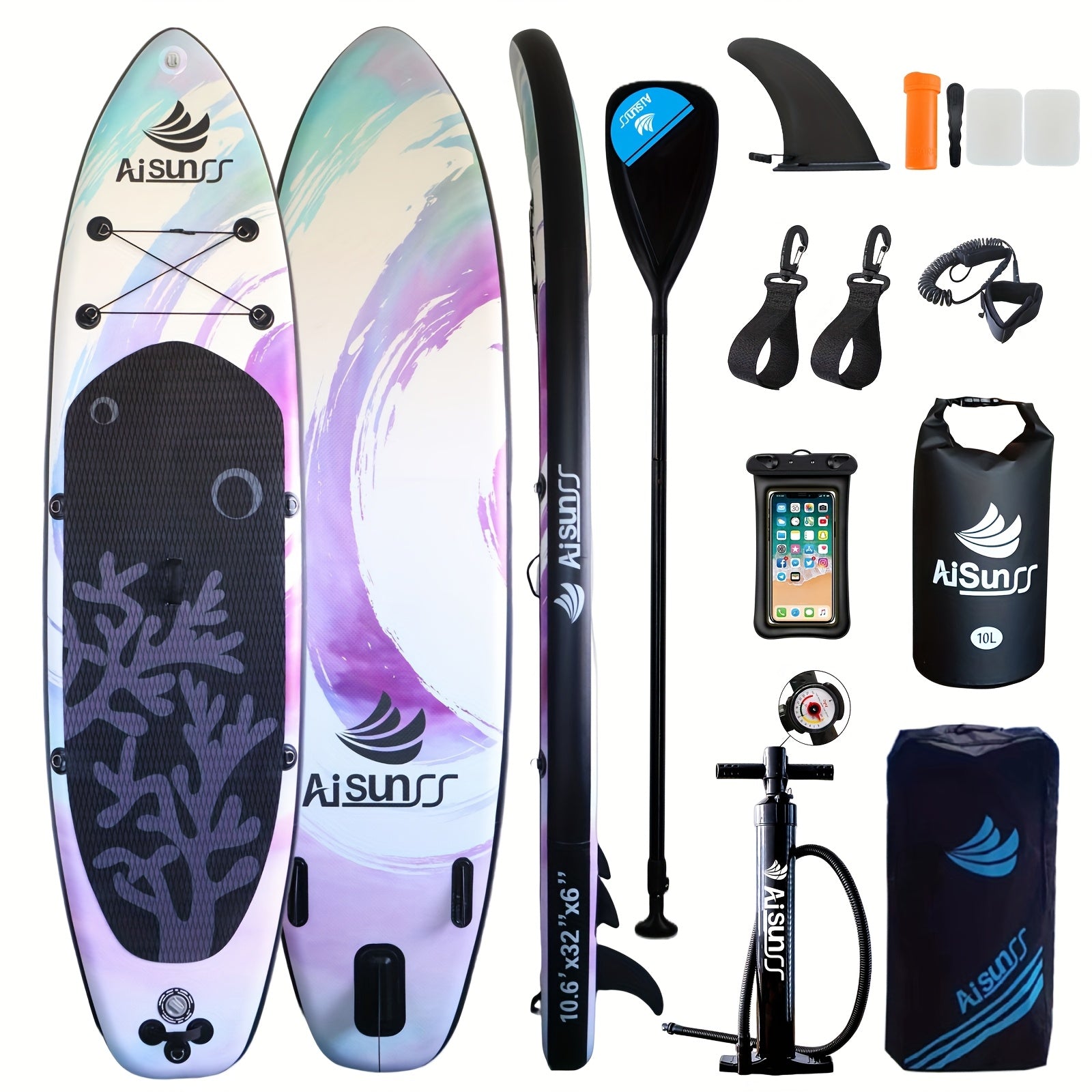 AISUNSS Inflatable Paddle Board for Adults - Wide SUP Board with Primium Accessories, Purple & Blue Design, Includes Carry Bag, Hand Pump, 2.64gal Water Bag, Adjustable Paddle, Perfect for All Skill Levels, All Skill Level Board|Vibrant Design Board|Durab