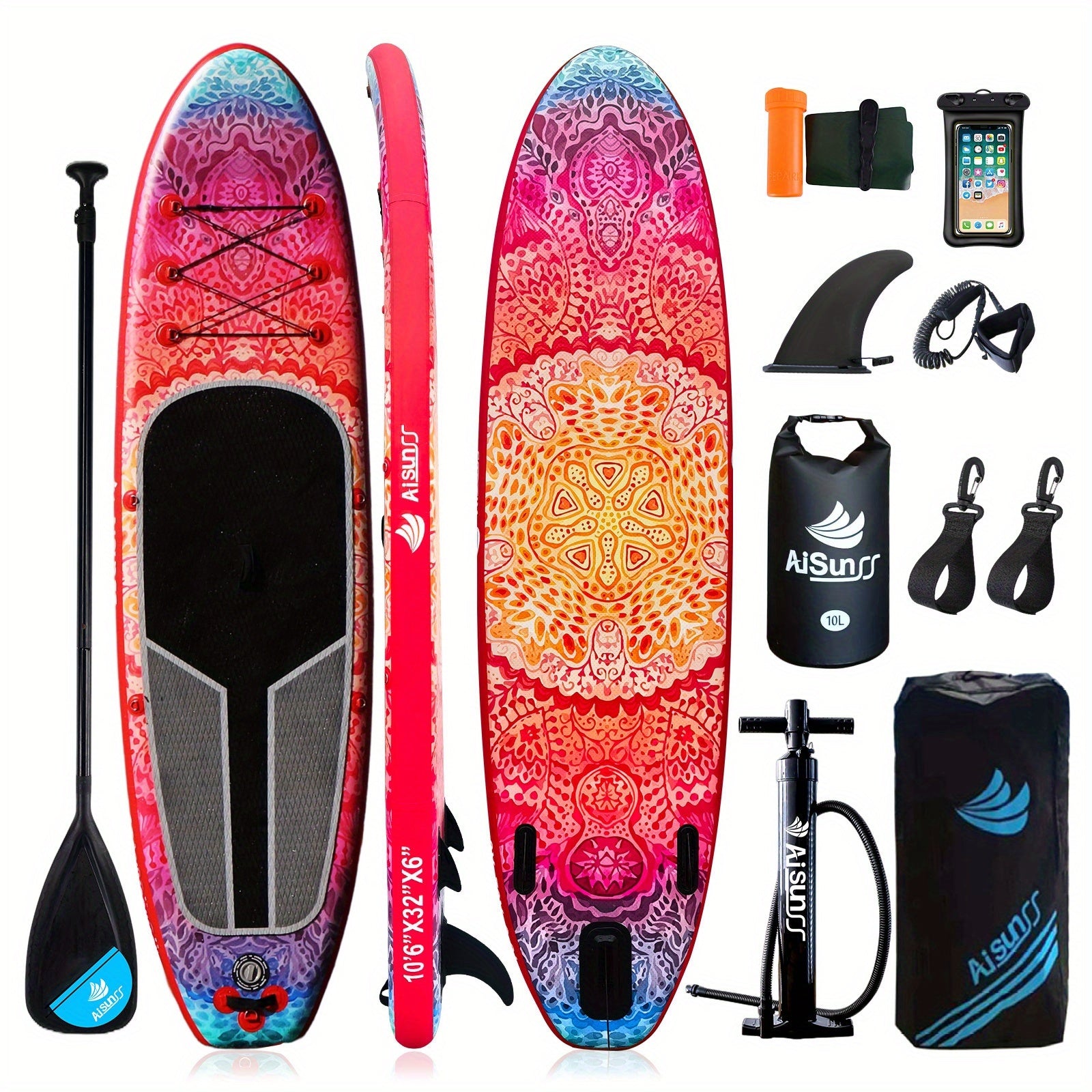 AISUNSS SUP Board 10.6ft All Around Board Premium iSUP, Yoga Board with SUP Accessories Include Non-Slip mat, Waterproof Phone Bag, Double Action Pump