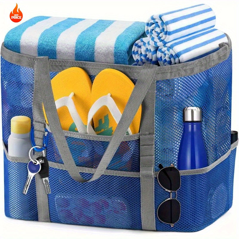 1pc Extra-Large Large Mesh Beach Tote Bag - Foldable & Portable for Pool, Boat Trips, Toys & Vacation Essentials, Lightweight Swim Bag with Zipper and Extra Pockets for Pool, Boat, and Vacation Essentials, Black, Beach Vacation Bag | Organized Stora