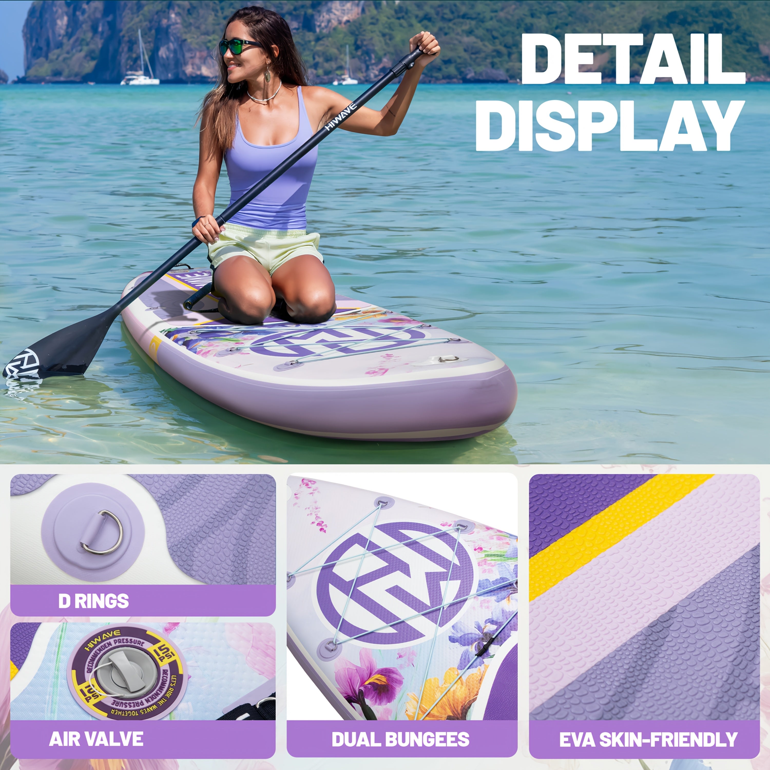 HIWAVE Inflatable SUP Paddle Board - 11ft X 34in Extra Wide, 6in Thick, 420LBS Capacity, Stable for Adults & Family, All-Water Use (Sea\u002FLake),