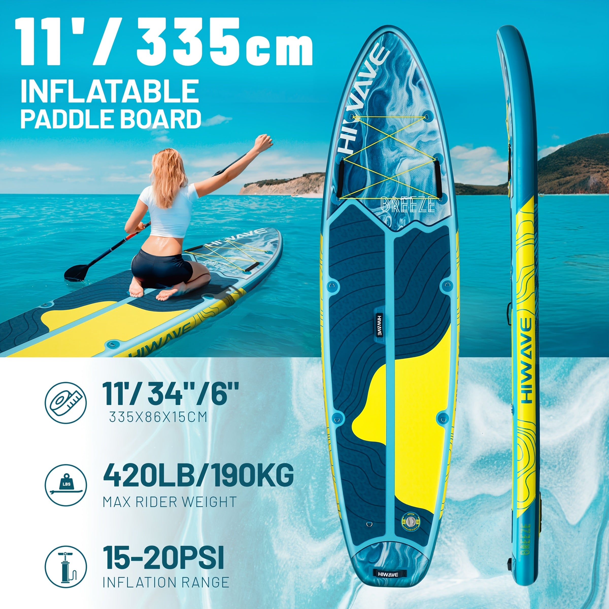 Inflatable Stand-Up Paddleboard, 11 Feet 34 Inches by 6 Inches, Weight Capacity of 420 lbs, Suitable for Adults and Teens, Pet-Friendly, Ideal for Ocean and Lake Use, Includes Dual-Action Hand Pump