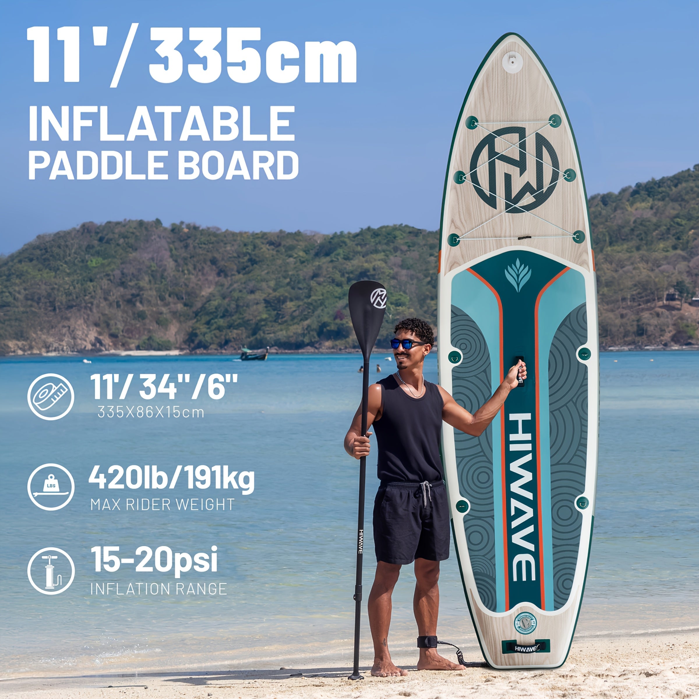 Wood Grain Color Inflatable Stand Up Paddle Board, 11ft 34in 6in, Paddle Board Load Capacity 420lbs, Pet Friendly for Ocean and Lake Use with Dual Action Manual Pump