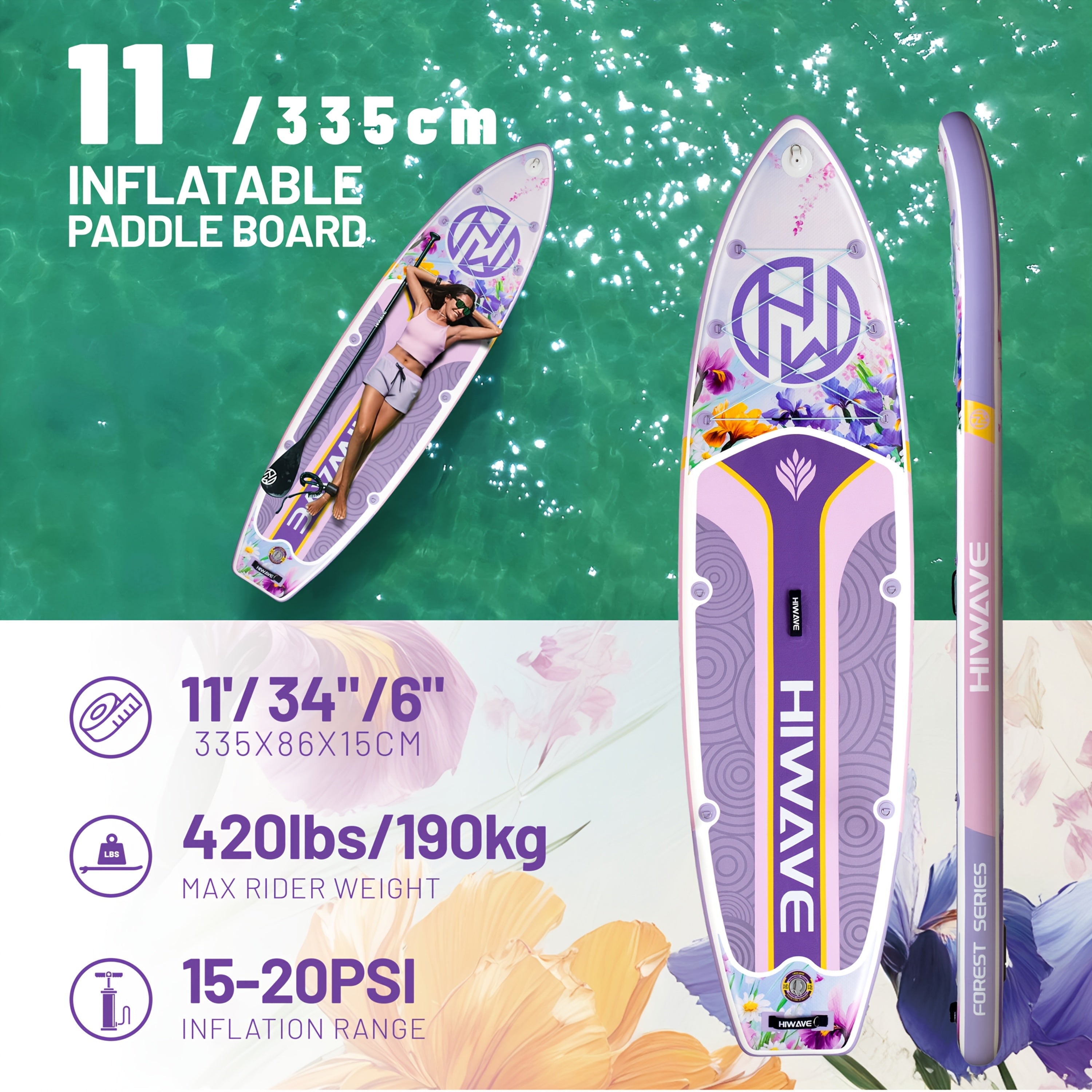 HIWAVE Inflatable SUP Paddle Board - 11ft X 34in Extra Wide, 6in Thick, 420LBS Capacity, Stable for Adults & Family, All-Water Use (Sea\u002FLake),