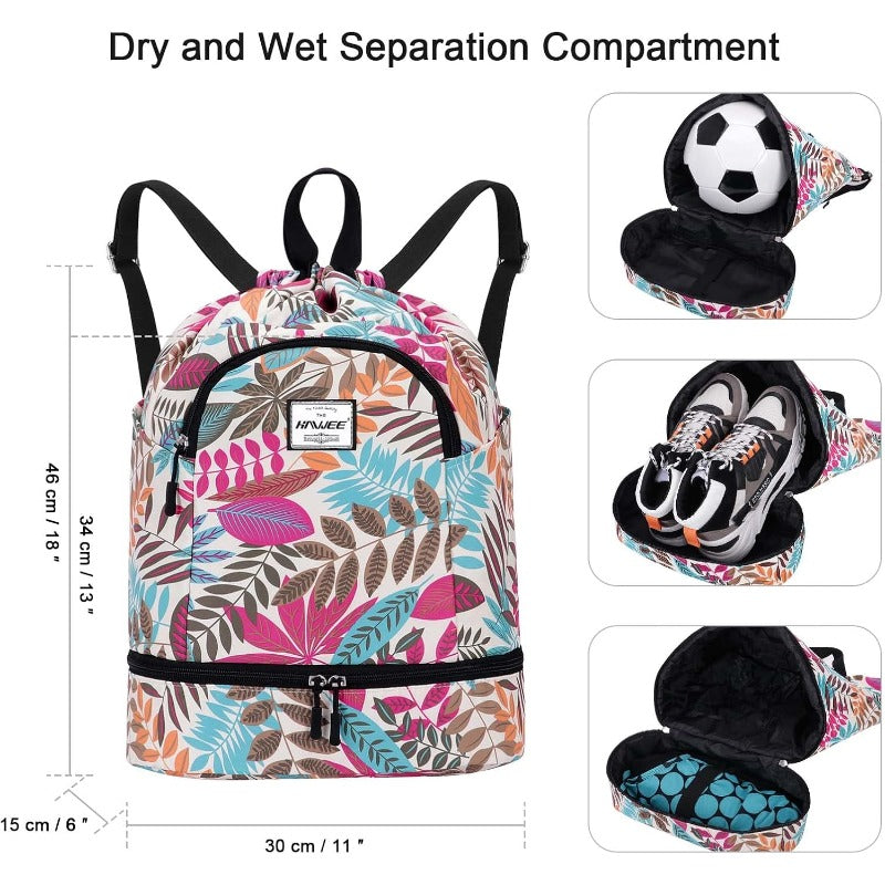 Dry Wet Drawstring Backpack with Shoe Compartment for Women Adjustable Gym Bag