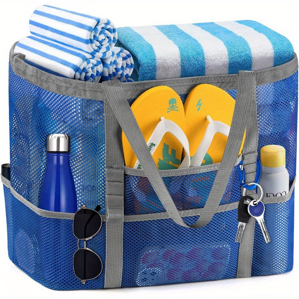 1pc Extra-Large Large Mesh Beach Tote Bag - Foldable & Portable for Pool, Boat Trips, Toys & Vacation Essentials, Lightweight Swim Bag with Zipper and Extra Pockets for Pool, Boat, and Vacation Essentials, Black, Beach Vacation Bag | Organized Stora