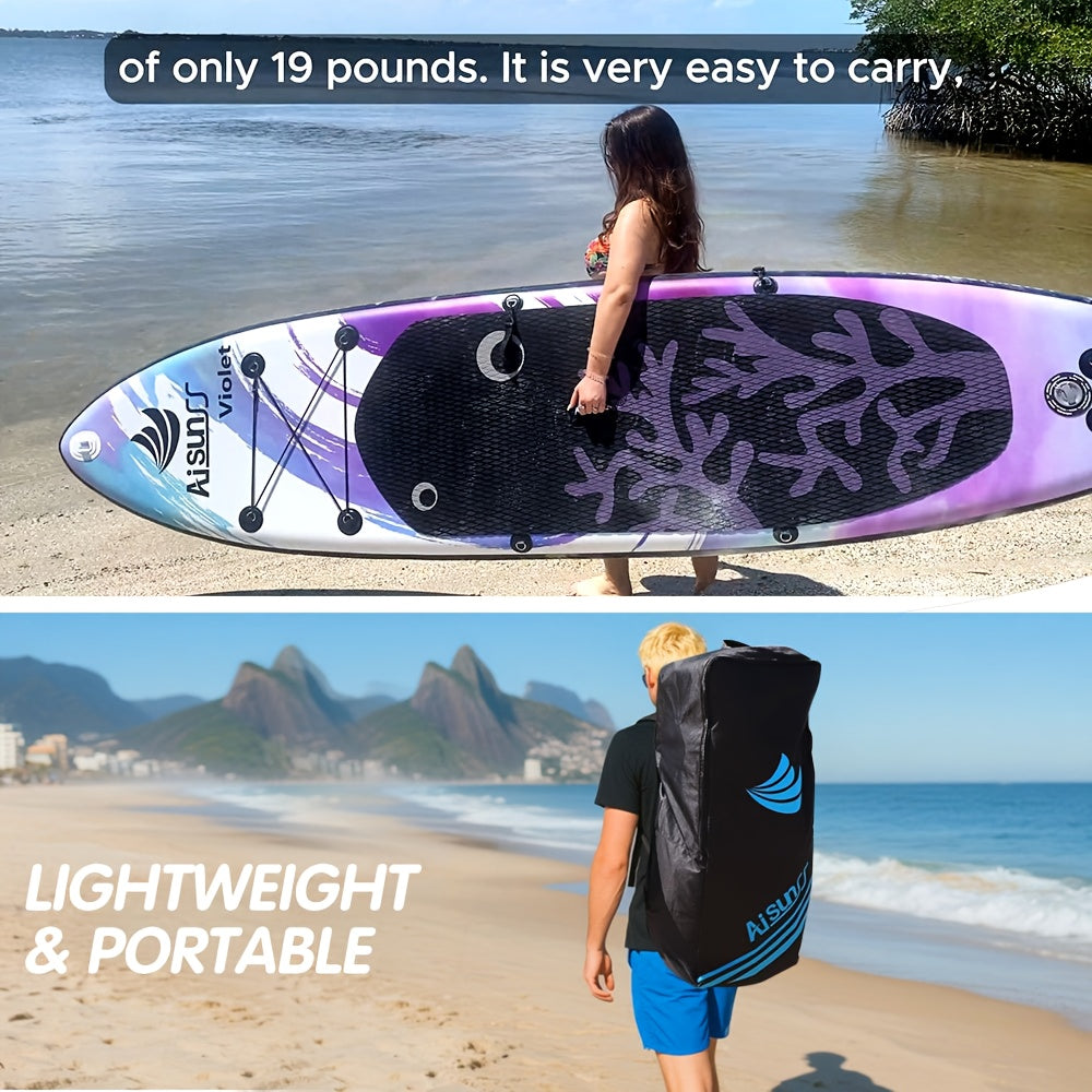 AISUNSS Inflatable Paddle Board for Adults - Wide SUP Board with Primium Accessories, Purple & Blue Design, Includes Carry Bag, Hand Pump, 2.64gal Water Bag, Adjustable Paddle, Perfect for All Skill Levels, All Skill Level Board|Vibrant Design Board|Durab