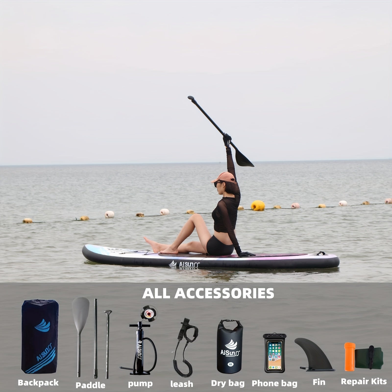 AISUNSS Inflatable Paddle Board for Adults - Wide SUP Board with Primium Accessories, Purple & Blue Design, Includes Carry Bag, Hand Pump, 2.64gal Water Bag, Adjustable Paddle, Perfect for All Skill Levels, All Skill Level Board|Vibrant Design Board|Durab