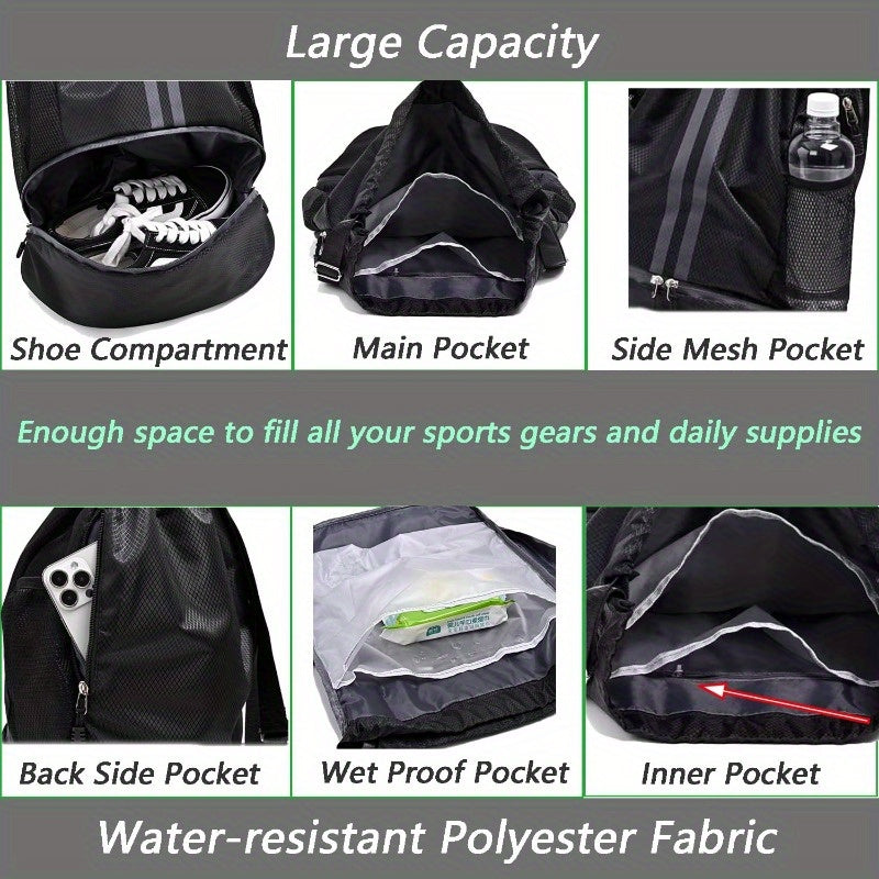 5.28gal High Quality Lightweight Drawstring Gym Backpack with Shoe Compartment & Wet Pocket - Tear-Resistant Sports Bag for Men & Women, Soccer, Basketball, Swimming, Beach, Travel (Black), Sports Equipment Carrier | Abrasionresistant Material