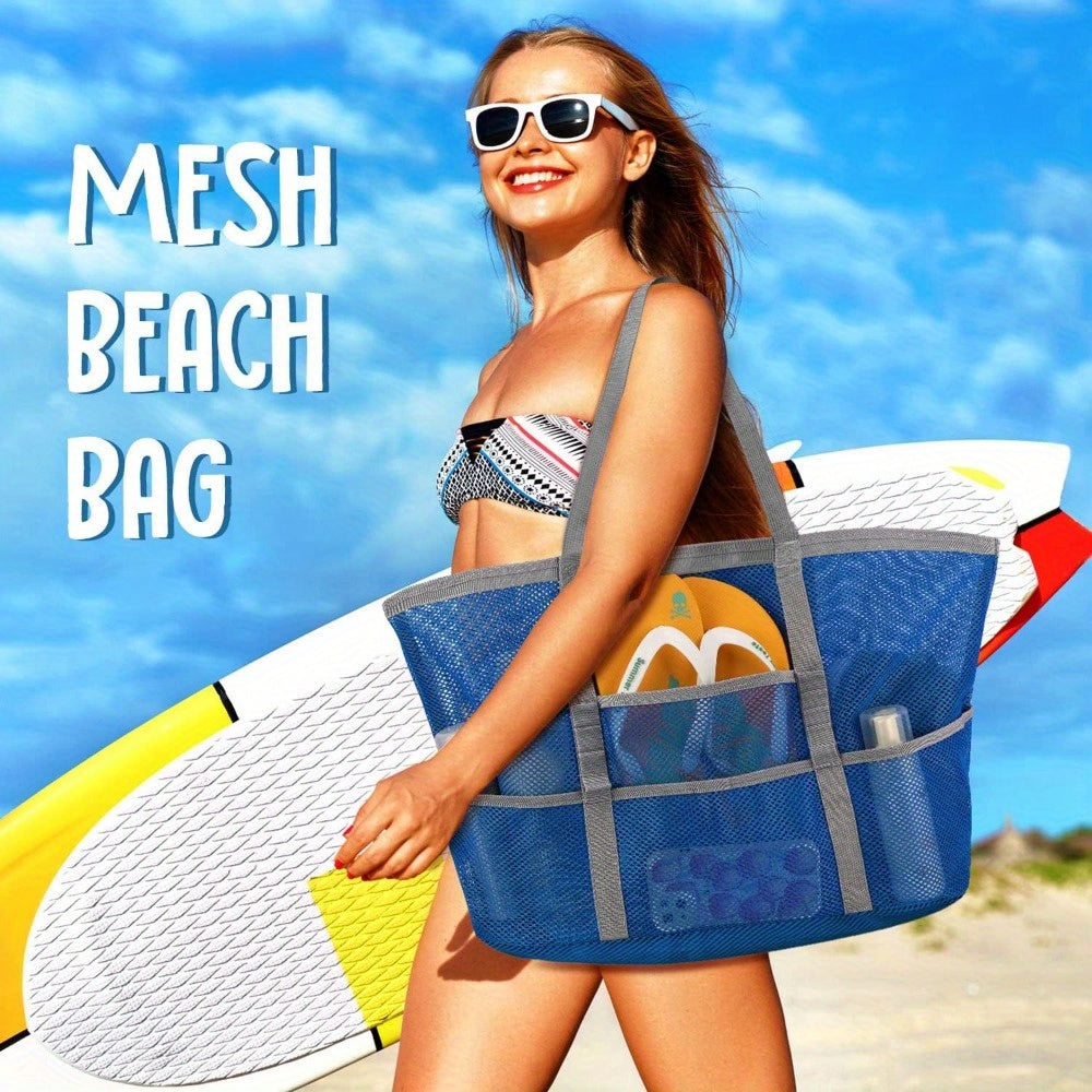 1pc Extra-Large Large Mesh Beach Tote Bag - Foldable & Portable for Pool, Boat Trips, Toys & Vacation Essentials, Lightweight Swim Bag with Zipper and Extra Pockets for Pool, Boat, and Vacation Essentials, Black, Beach Vacation Bag | Organized Stora