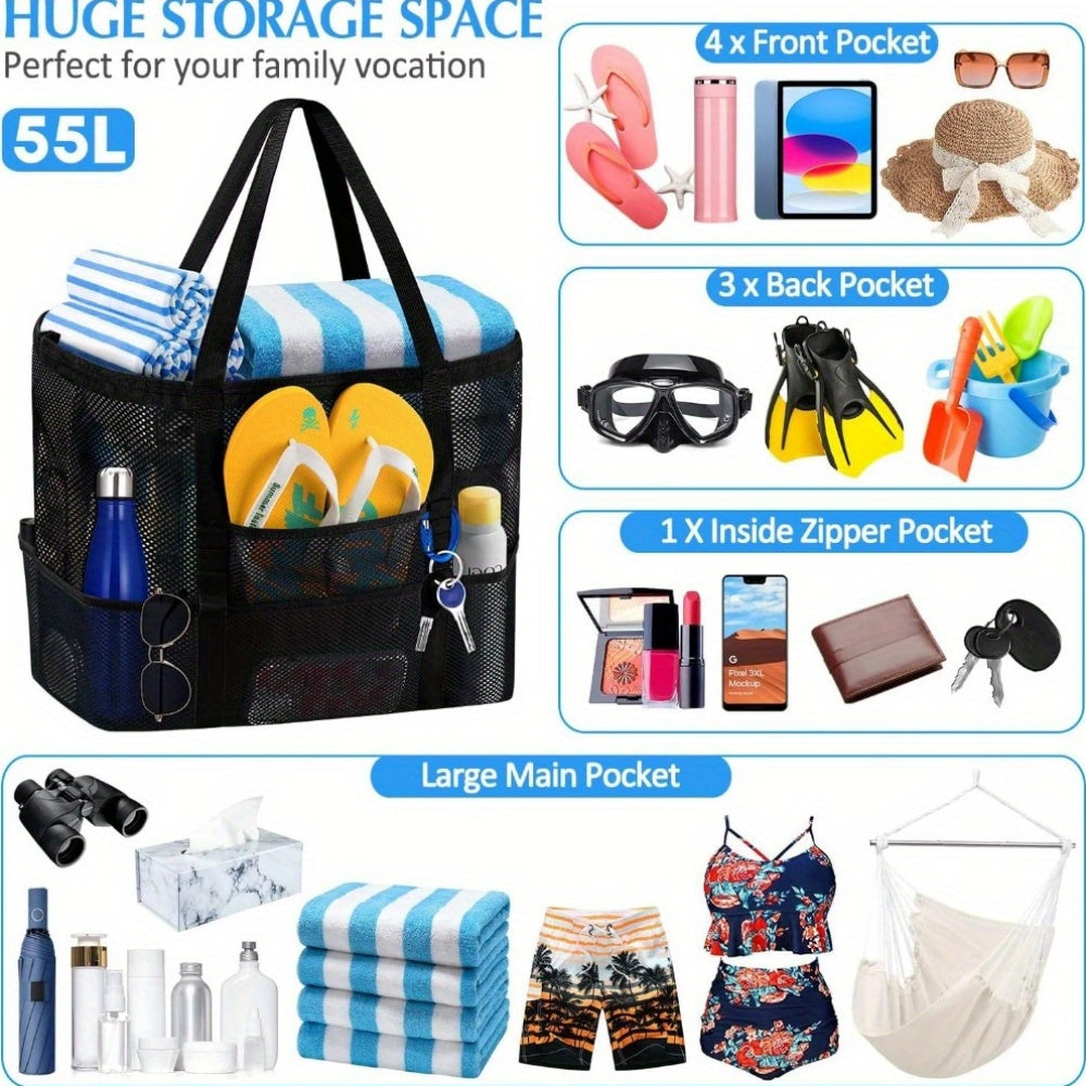 1pc Extra-Large Large Mesh Beach Tote Bag - Foldable & Portable for Pool, Boat Trips, Toys & Vacation Essentials, Lightweight Swim Bag with Zipper and Extra Pockets for Pool, Boat, and Vacation Essentials, Black, Beach Vacation Bag | Organized Stora