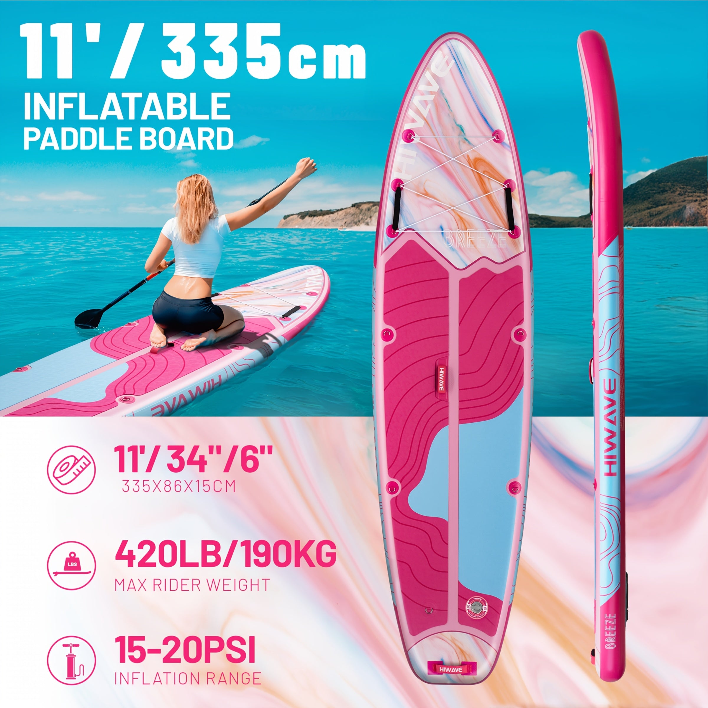 Inflatable Stand-Up Paddleboard, 11 Feet 34 Inches by 6 Inches, Weight Capacity of 420 lbs, Suitable for Adults and Teens, Pet-Friendly, Ideal for Ocean and Lake Use, Includes Dual-Action Hand Pump